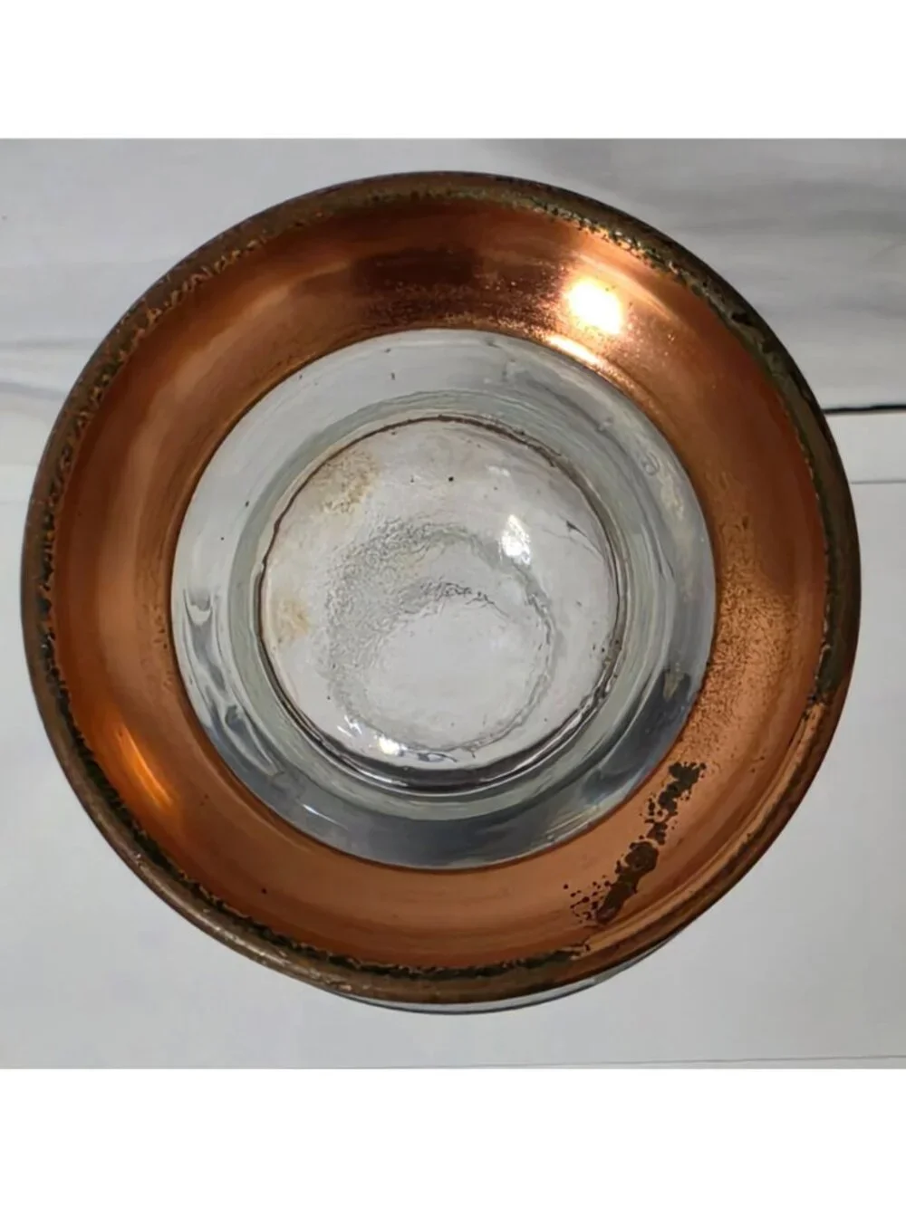 Vintage Clear Glass Bud Vase Ruffled Rim Etched Leaf Copper Tone Base 6